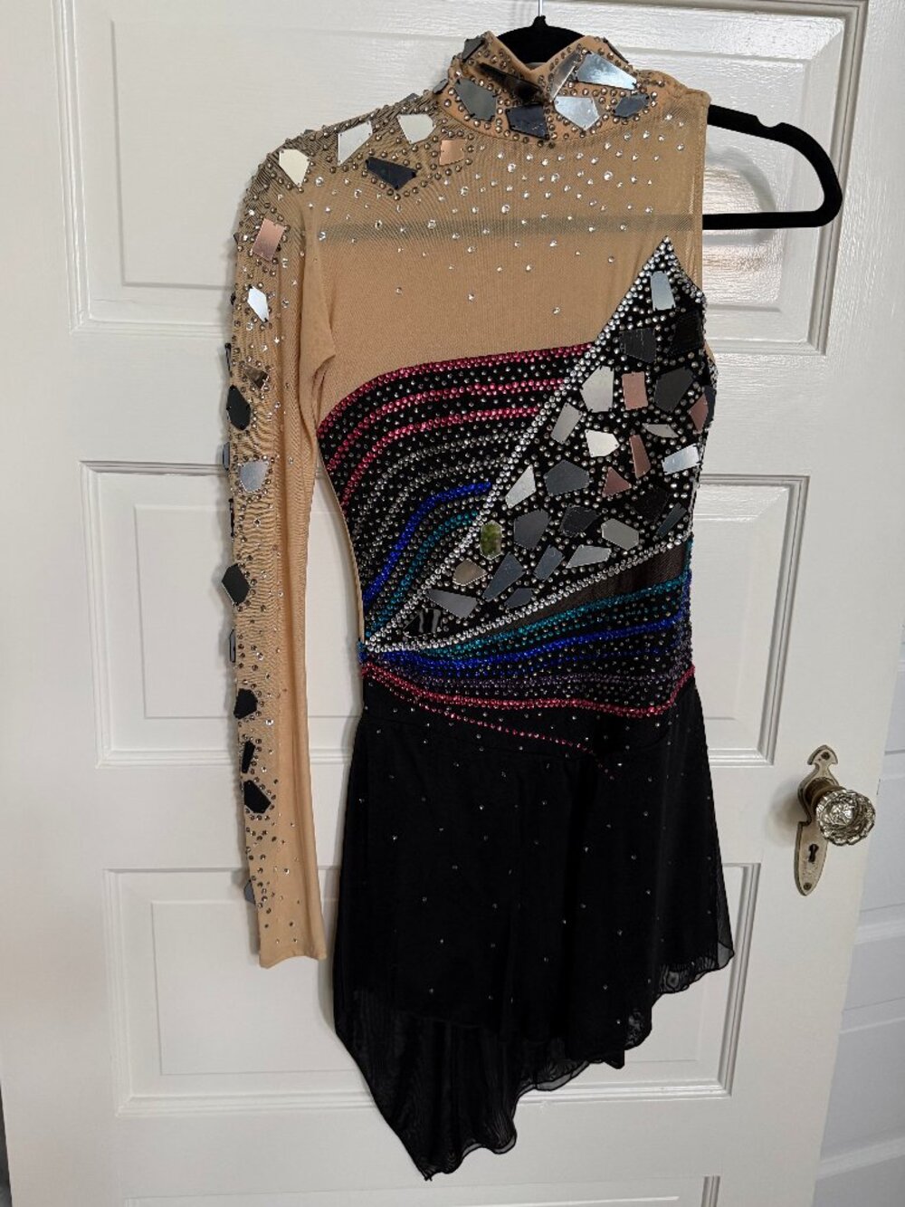 Custom Figure Skating Competition Dress – Black Nude Mirror Crystal One Sleeve